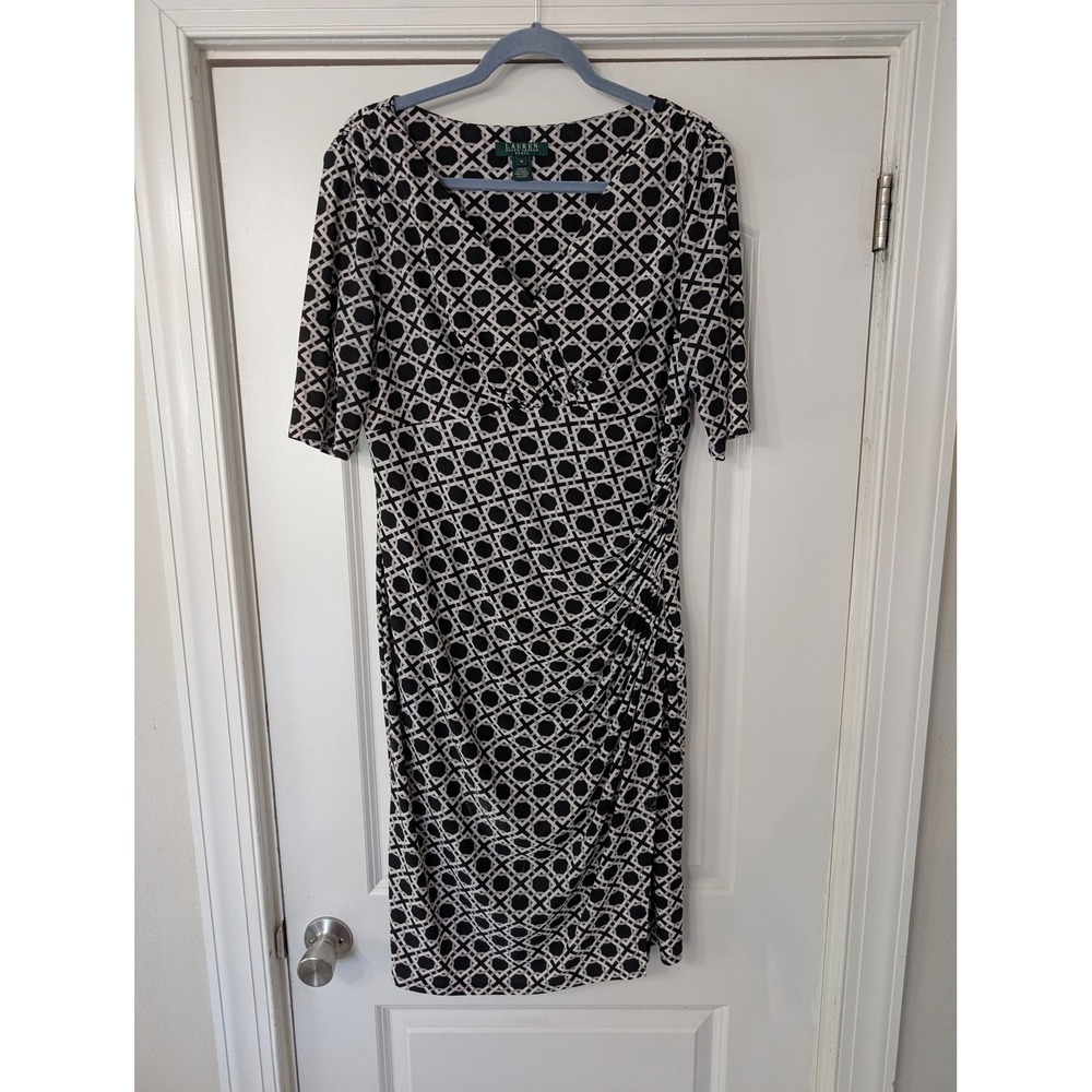 Lauren Ralph Lauren Black Geometric Faux Wrap Sheath Dress Size 14 career office